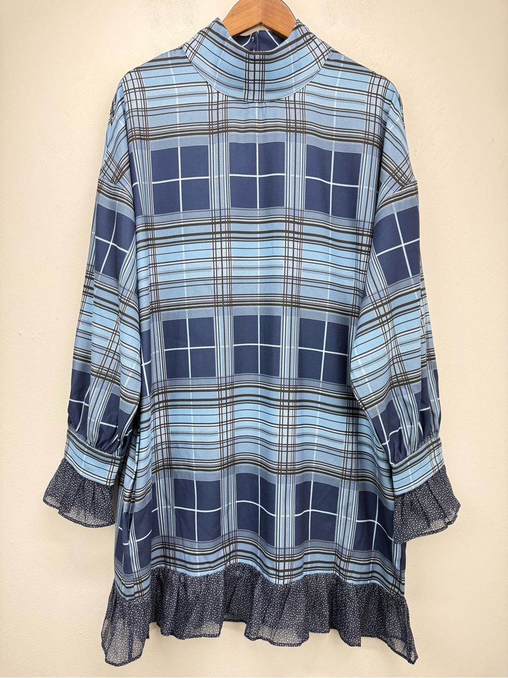 Stylewe size Large Women’s Blue Plaid Long Sleeve Ruffle Mock Neck Dress NWT